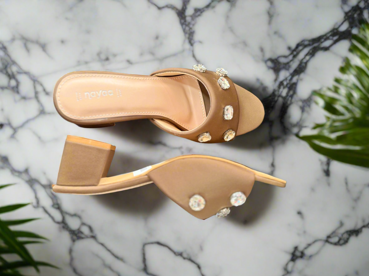 Brown Block Heel Slip-Ons with Crystal Embellishments