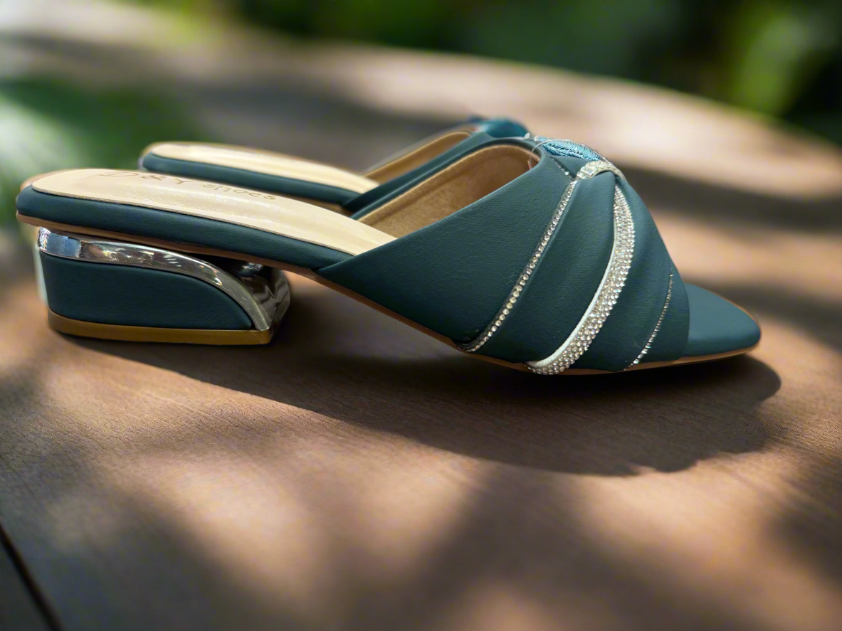 Modern Teal Rhinestone Strap Block Heel