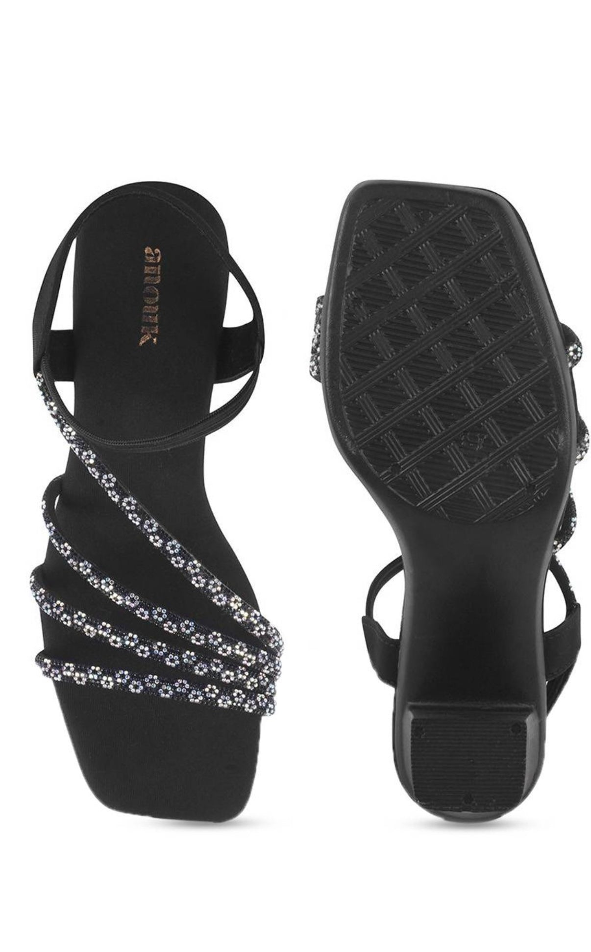 Black Glamour Block Heels with Crystal Straps