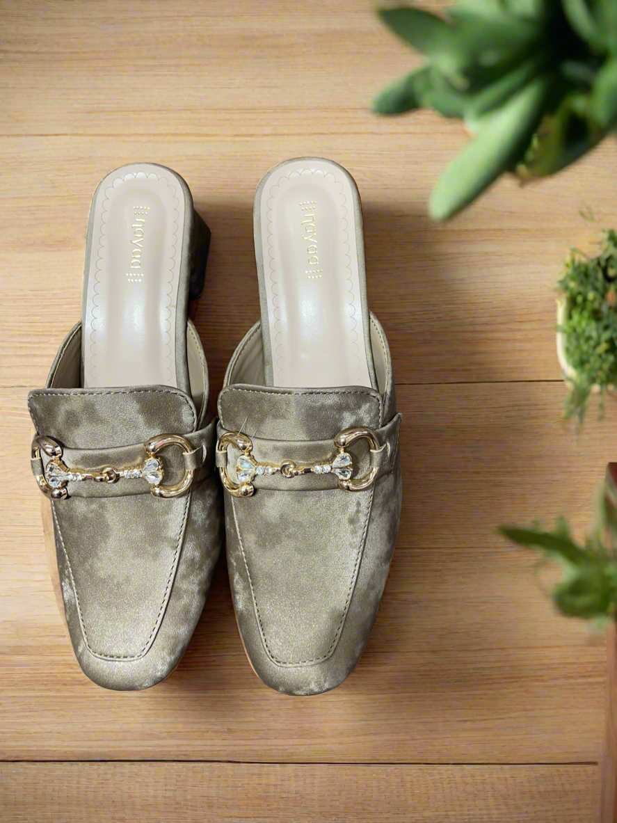 Elegant Velvet Block Heel Mules with Gold Chain Detail