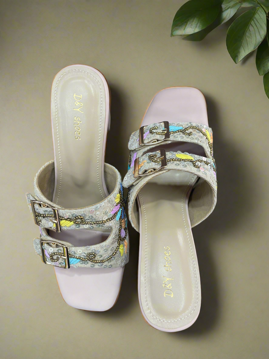Embroidered Buckle Block Heel Sandals – Pastel Bloom Edition