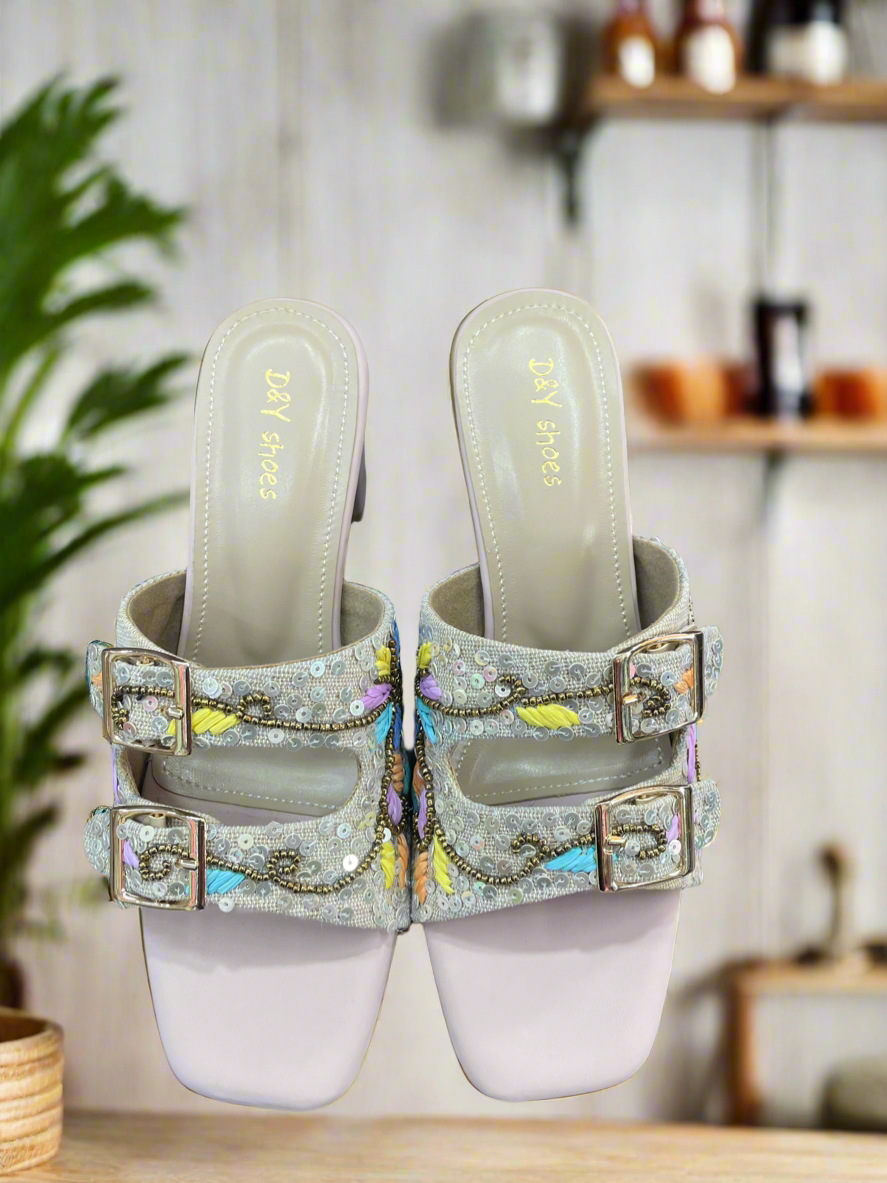 Embroidered Buckle Block Heel Sandals – Pastel Bloom Edition