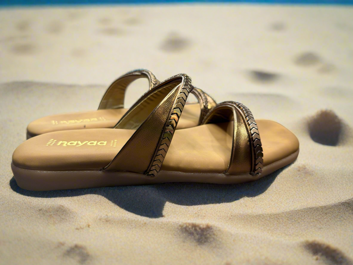 Women's Bronze Double Strap Slip-On Flats