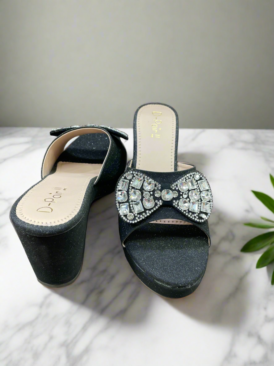 Elegant Black Shimmer Block Heels with Crystal Bow