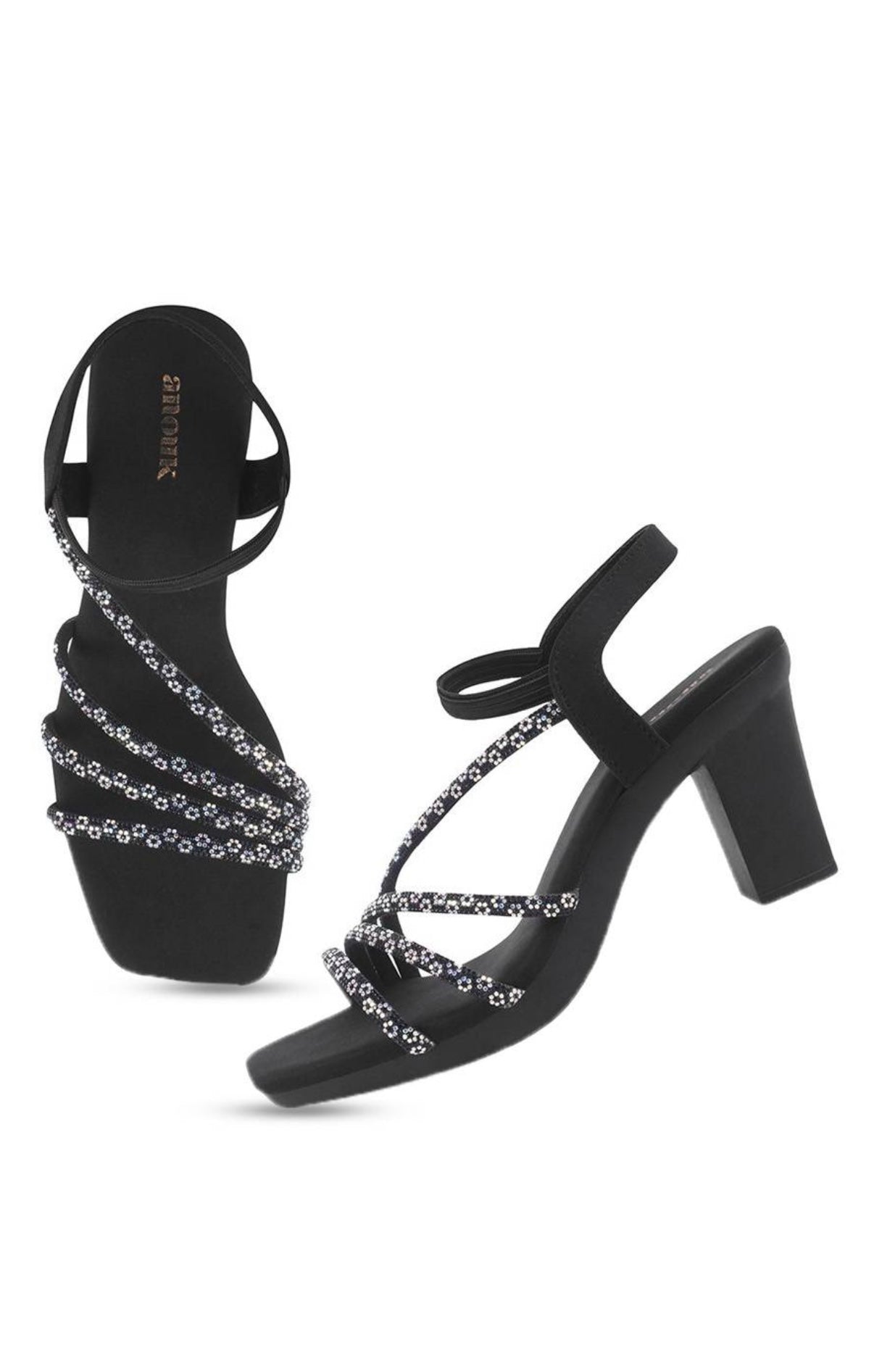 Black Glamour Block Heels with Crystal Straps