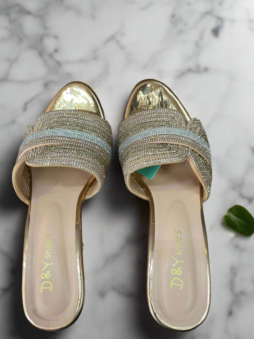 Golden Rhinestone Slip-On Heels