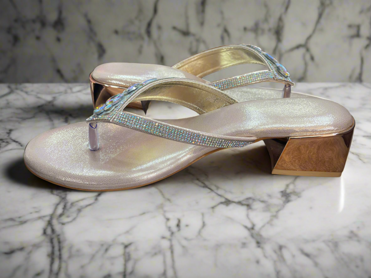 Iridescent Stone Embellished Golden Block Heel Sandals
