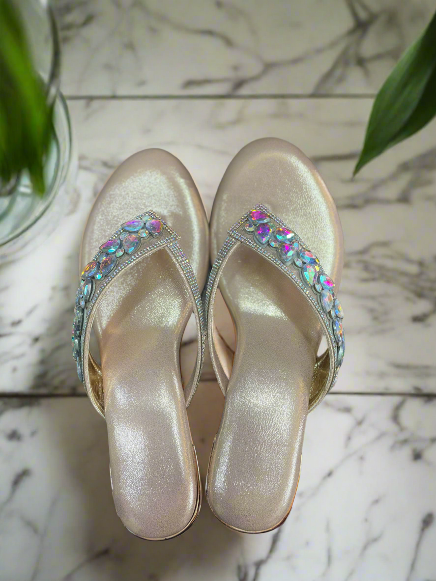 Iridescent Stone Embellished Golden Block Heel Sandals