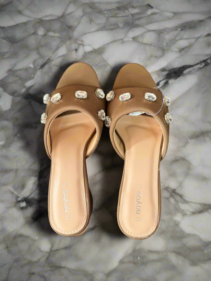 Brown Block Heel Slip-Ons with Crystal Embellishments