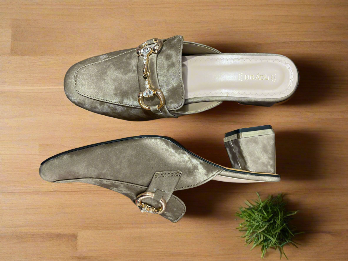Elegant Velvet Block Heel Mules with Gold Chain Detail