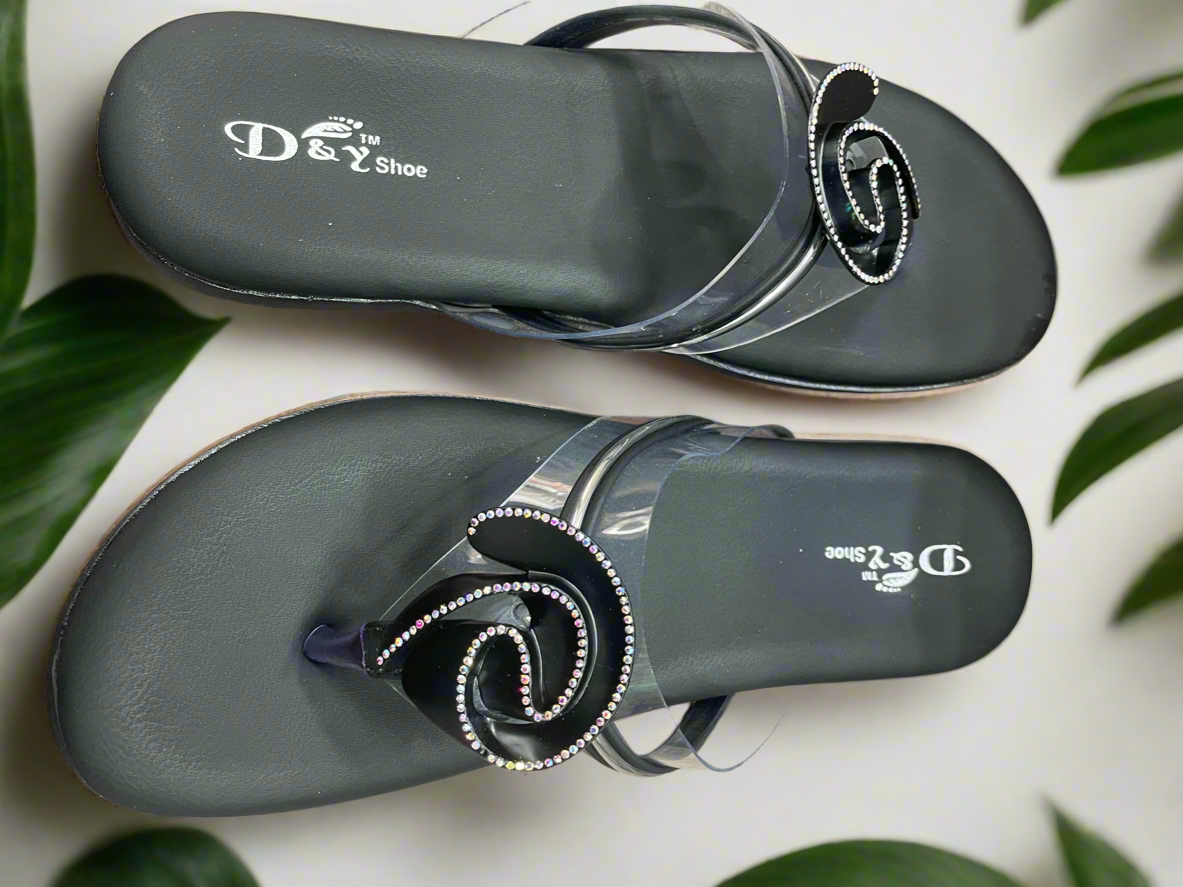 Elegant Black Crystal Rose Slip-On Sandals
