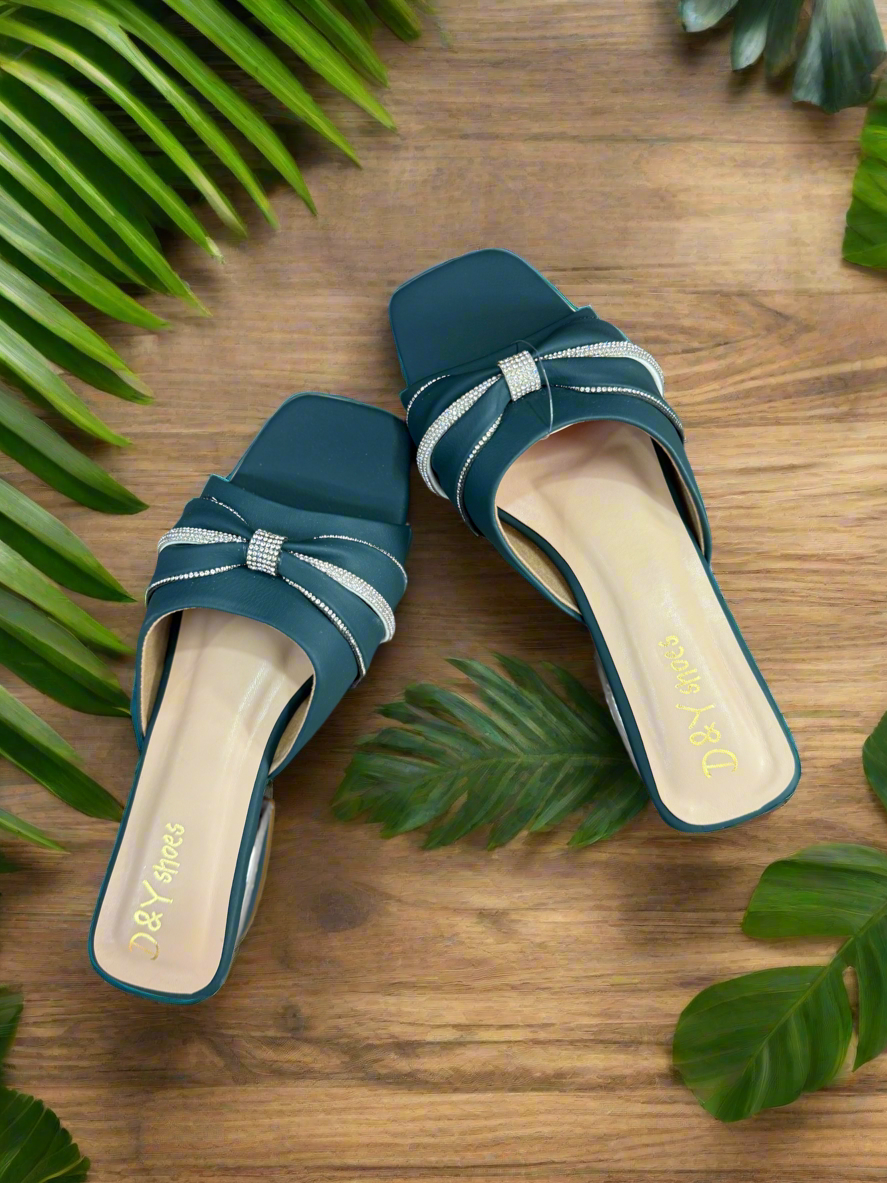 Modern Teal Rhinestone Strap Block Heel