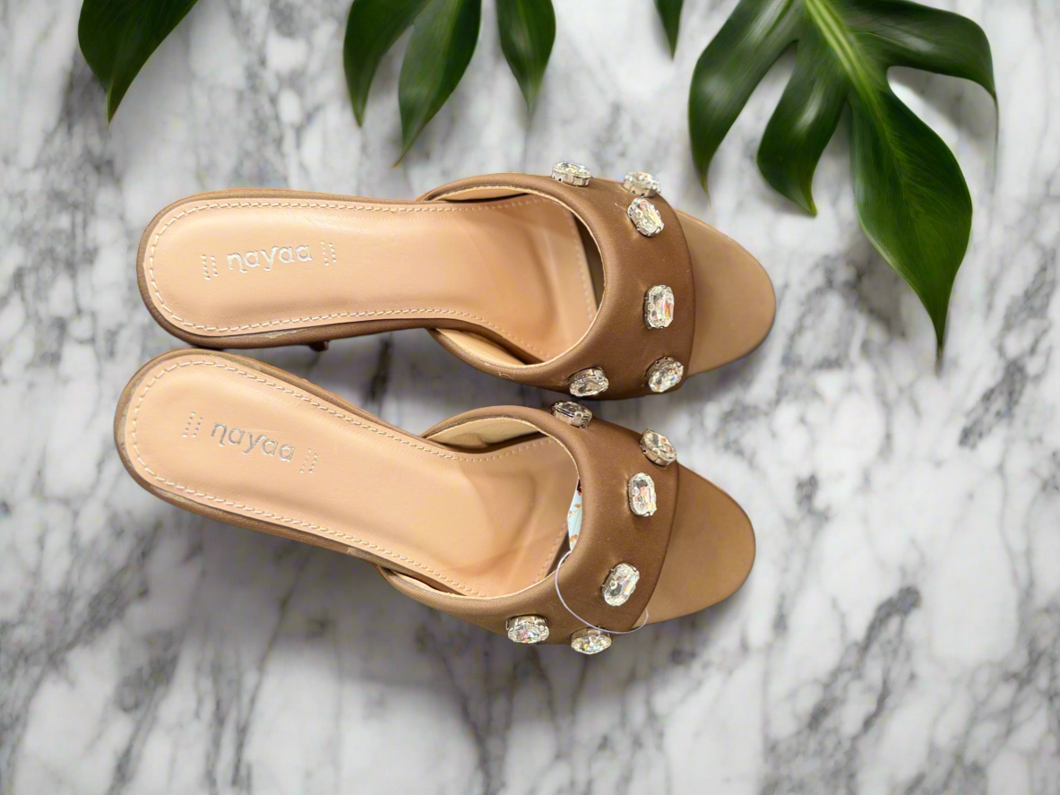 Brown Block Heel Slip-Ons with Crystal Embellishments