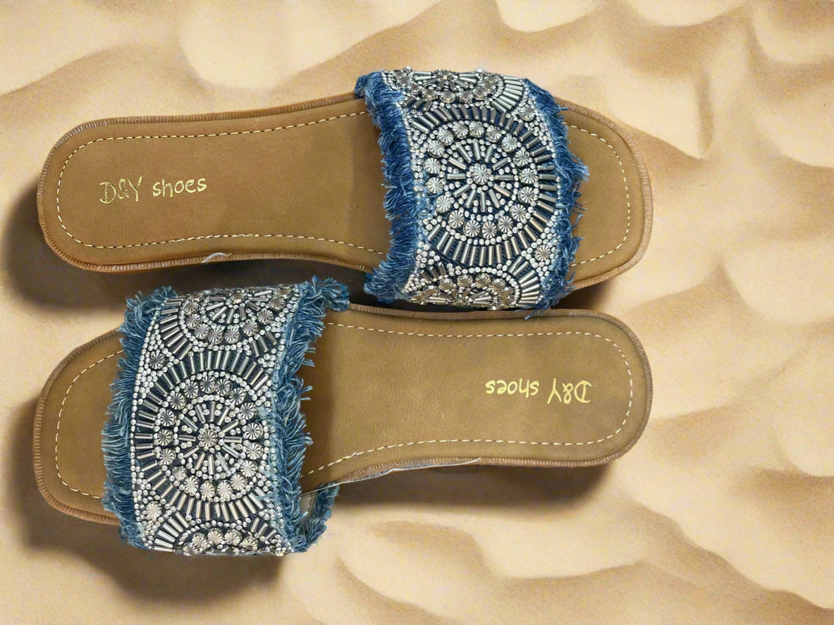 Trendy Blue Denim Embroidery Flats