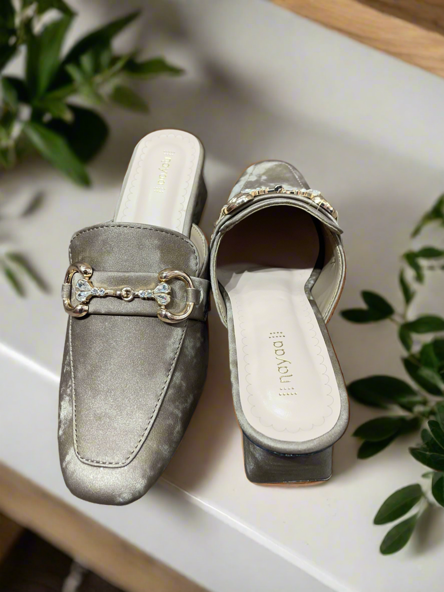Elegant Velvet Block Heel Mules with Gold Chain Detail