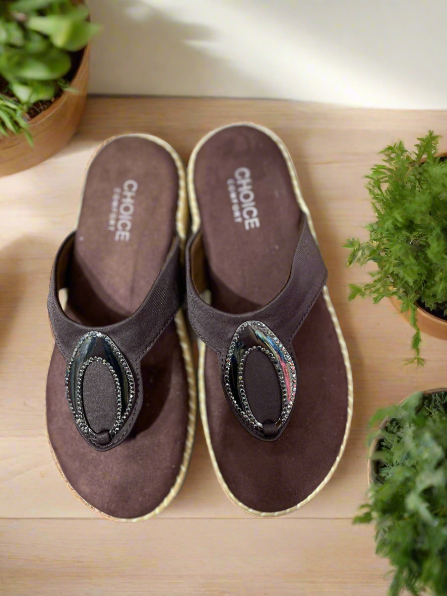 Choice Elegant Women’s Brown Beaded Slip-On Sandals