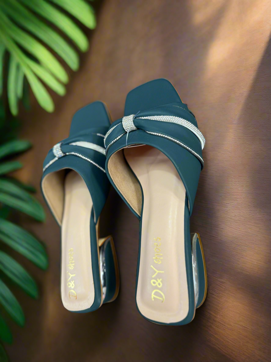Modern Teal Rhinestone Strap Block Heel