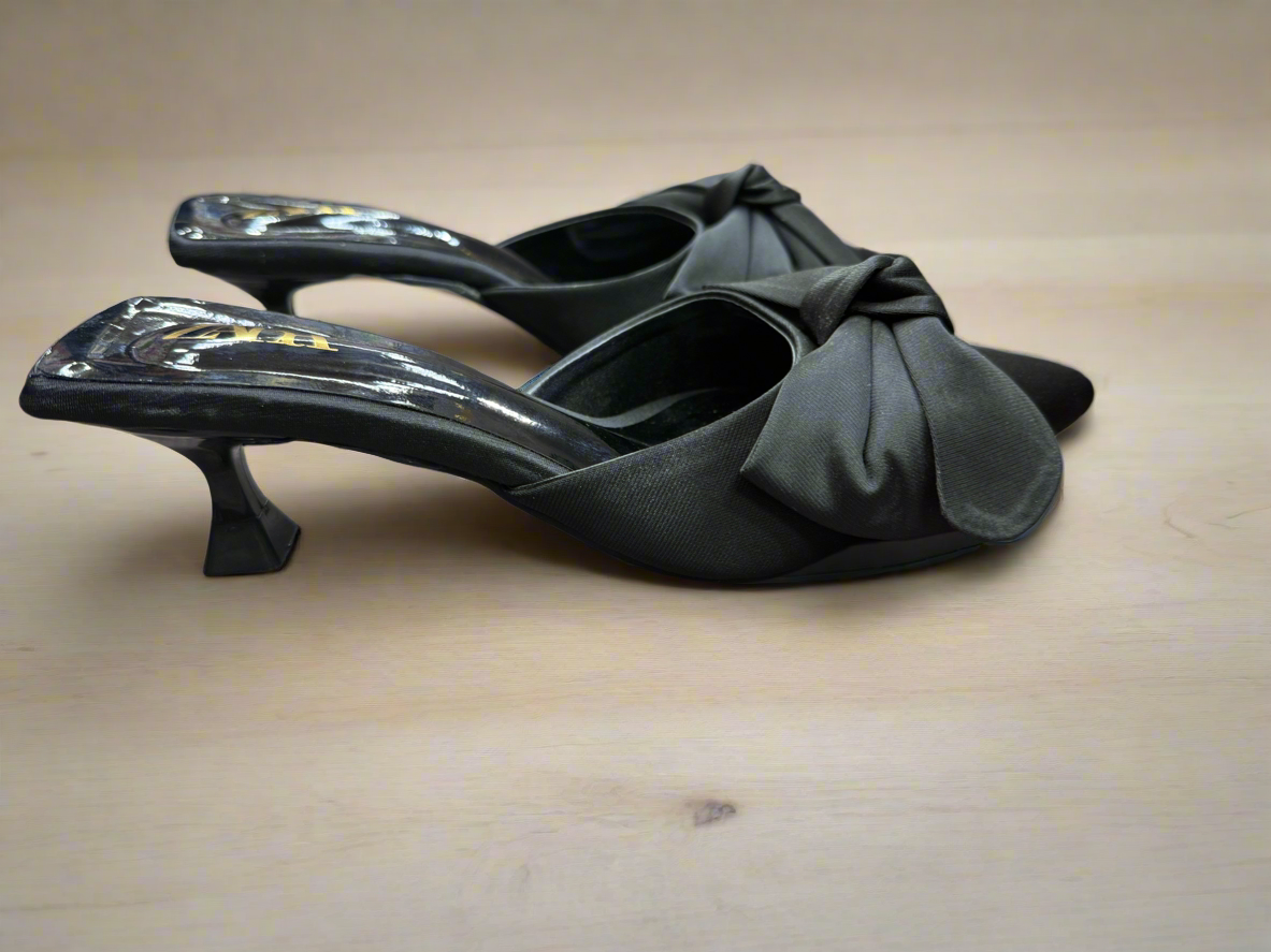Black Satin Bow Pointed Toe Heels
