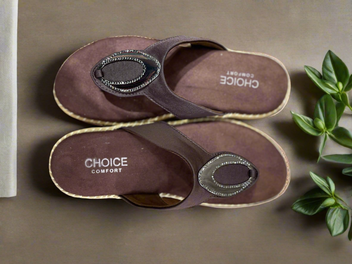 Choice Elegant Women’s Brown Beaded Slip-On Sandals