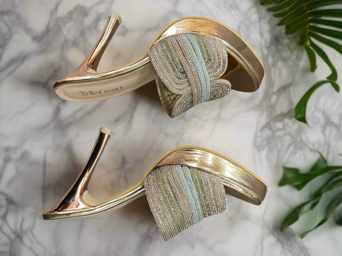 Golden Rhinestone Slip-On Heels