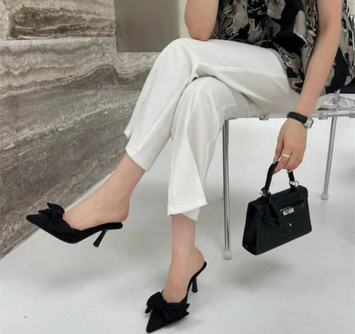 Black Satin Bow Pointed Toe Heels