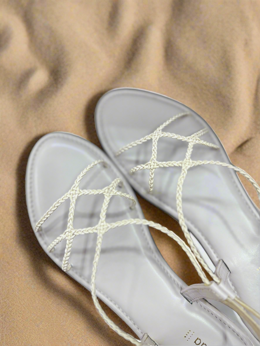 White Braided Strap Flat Sandals