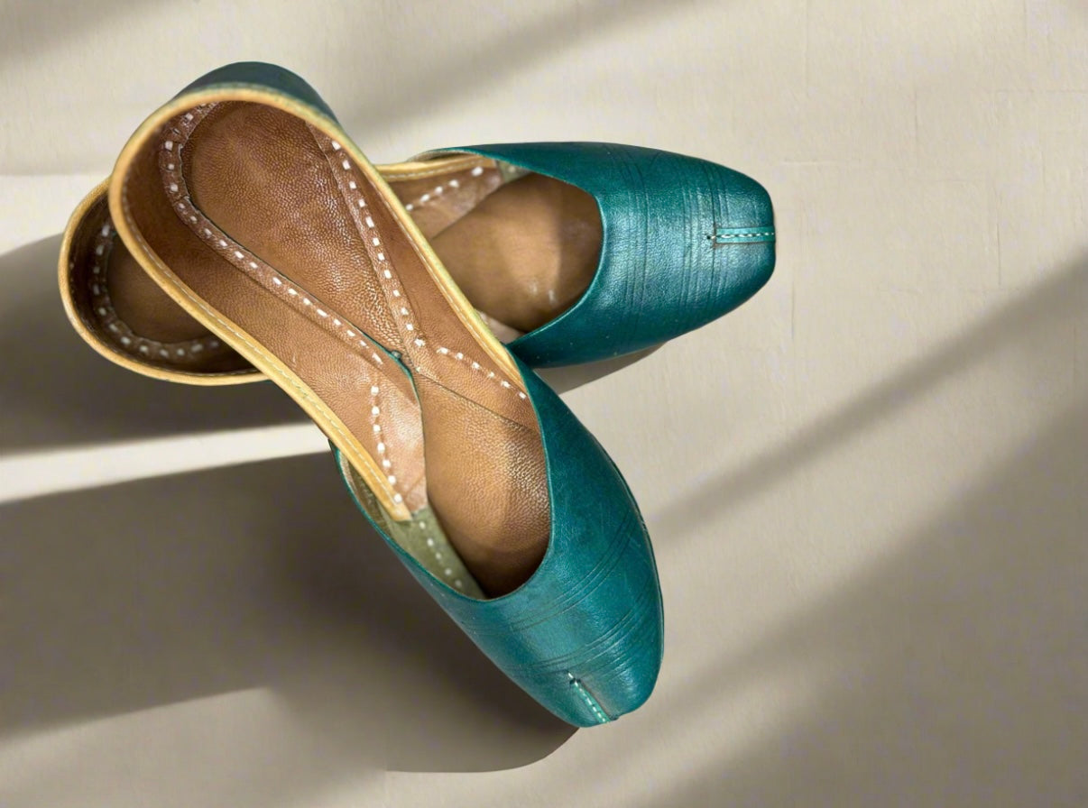 Teal Blue and yellow Textured Leather Juttis