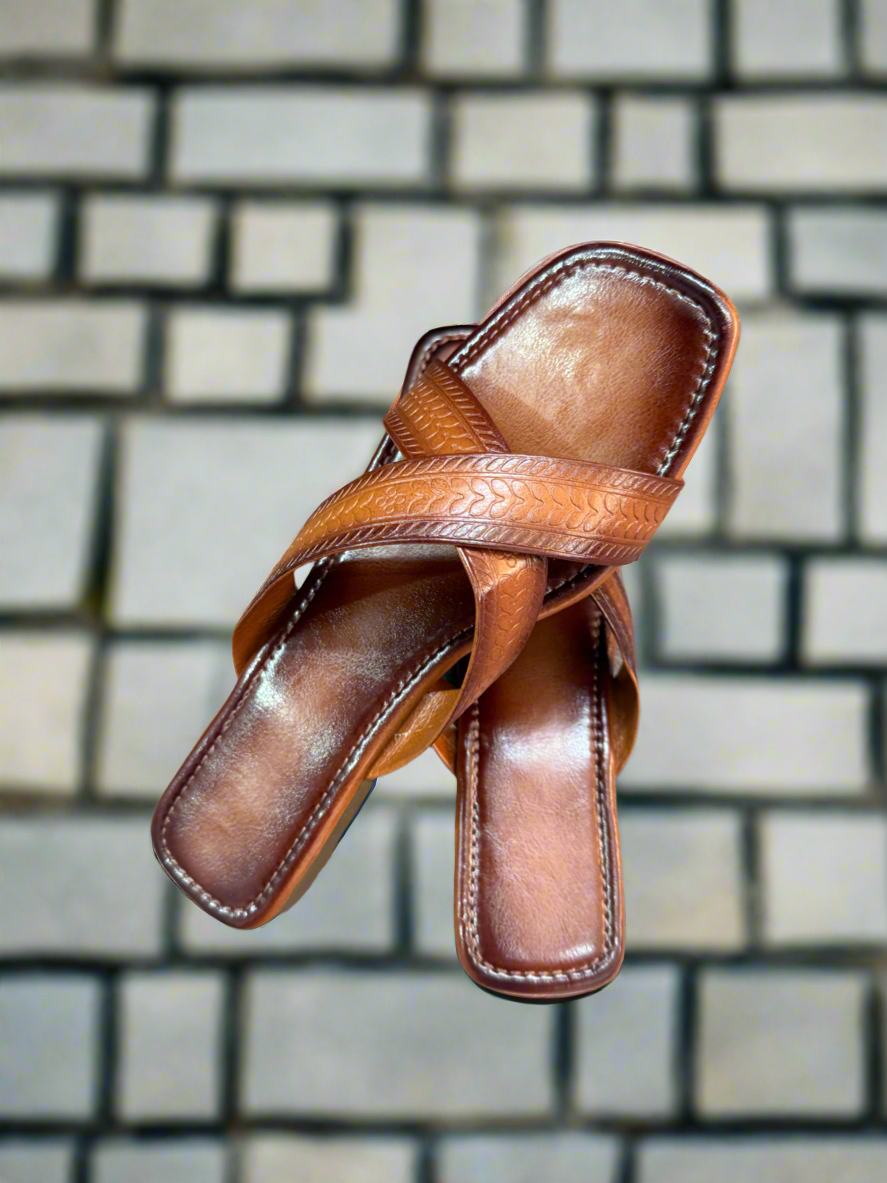 Classic Brown Leather Cross-Strap Sandals