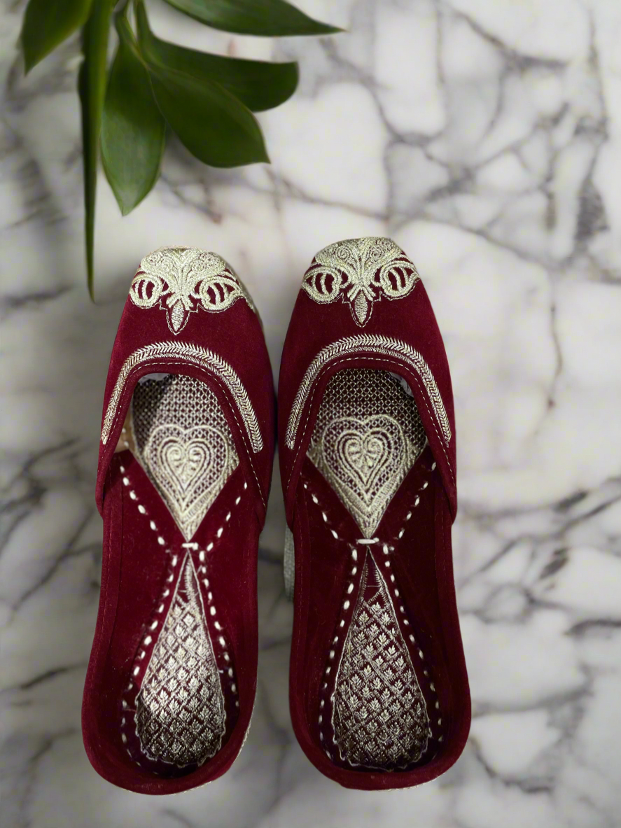 Designer Maroon Embroidered Mojari with Velvet Finish