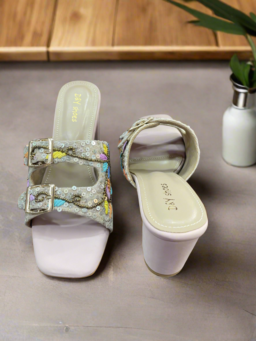 Embroidered Buckle Block Heel Sandals – Pastel Bloom Edition