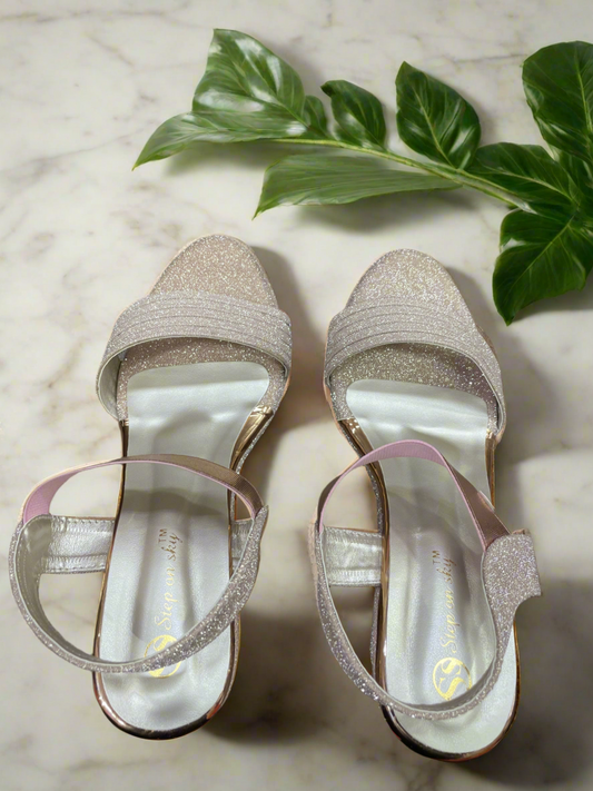 Shimmering Silver Glitter Wedge Heels with Unique Sculpted Heel
