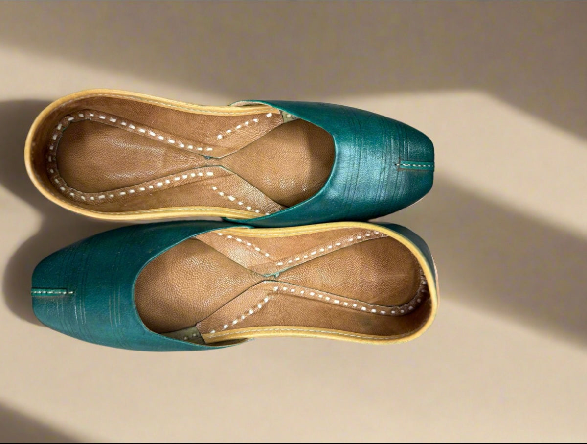 Teal Blue and yellow Textured Leather Juttis