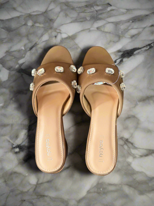 Brown Block Heel Slip-Ons with Crystal Embellishments