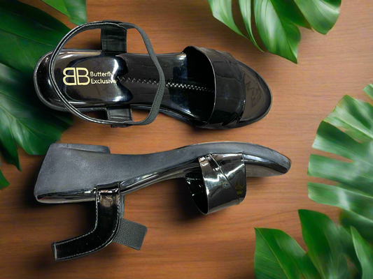 Chic Black Patent Leather Block Heel Sandals