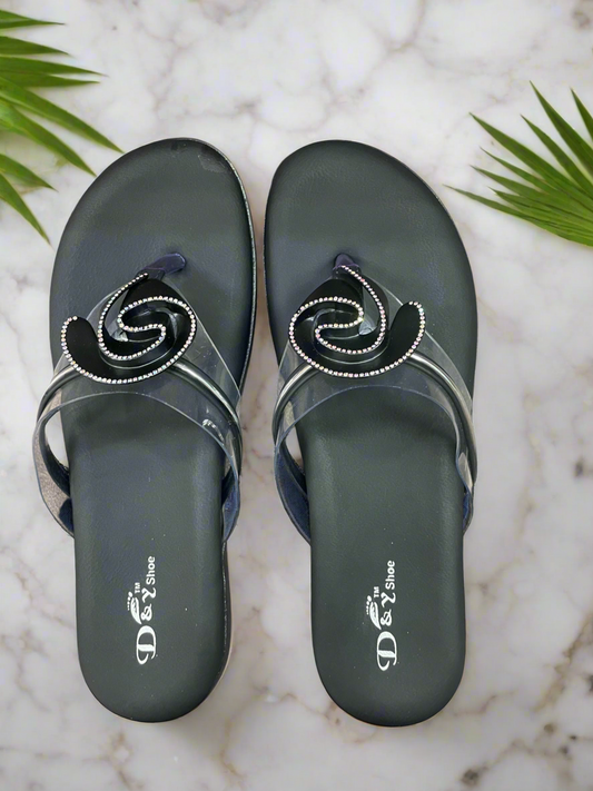 Elegant Black Crystal Rose Slip-On Sandals
