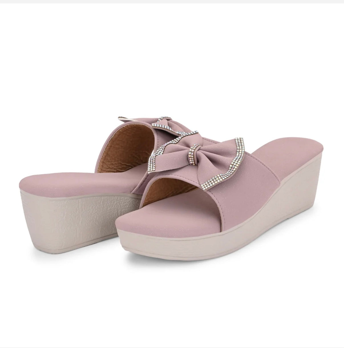 Elegant Lilac/Tan Bow Platform Slides