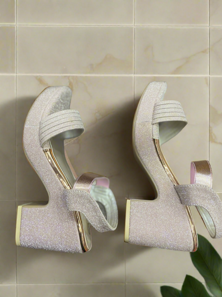Shimmering Silver Glitter Wedge Heels with Unique Sculpted Heel