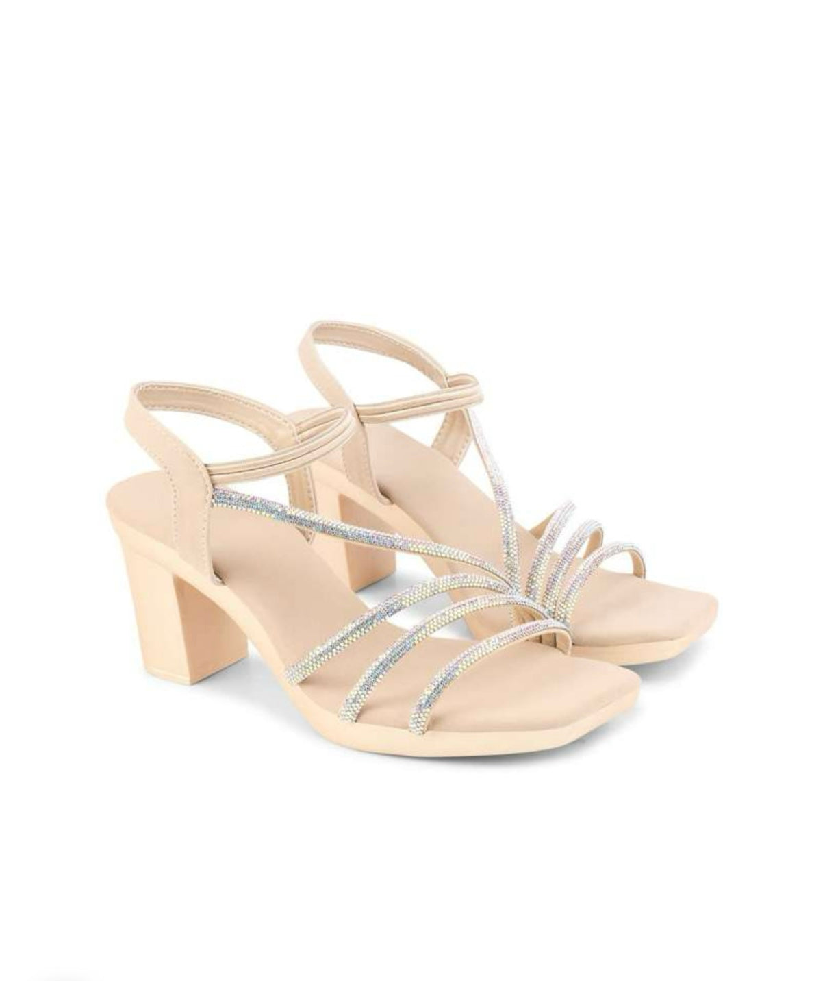 Glam Nude Block Heels with Shimmer Straps