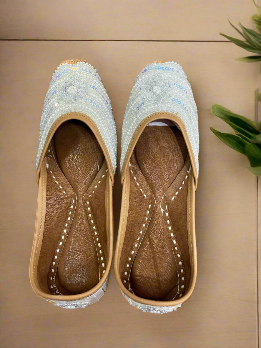 Elegant White Beaded Mojaris for Women