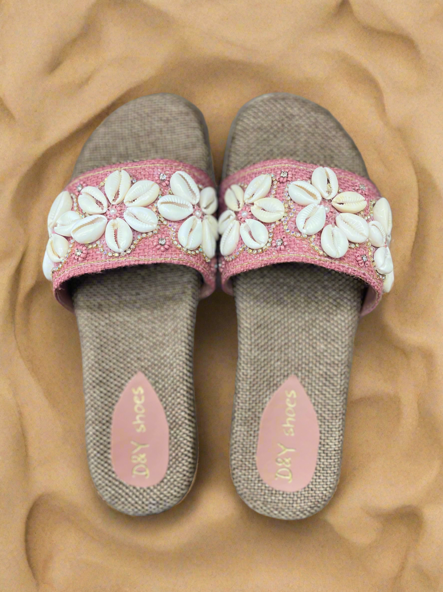 Beach Chic Pink Shell Embellished Slip-On Sandals