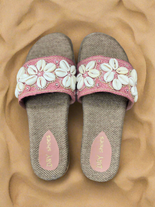 Beach Chic Pink Shell Embellished Slip-On Sandals
