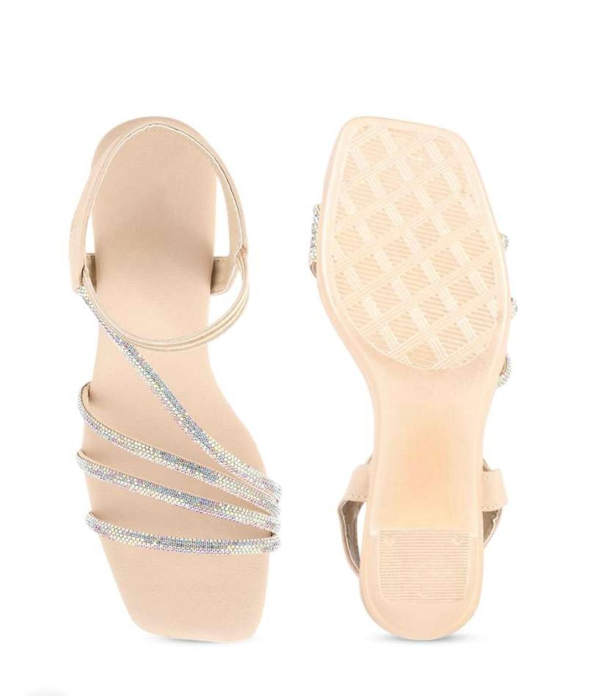 Glam Nude Block Heels with Shimmer Straps