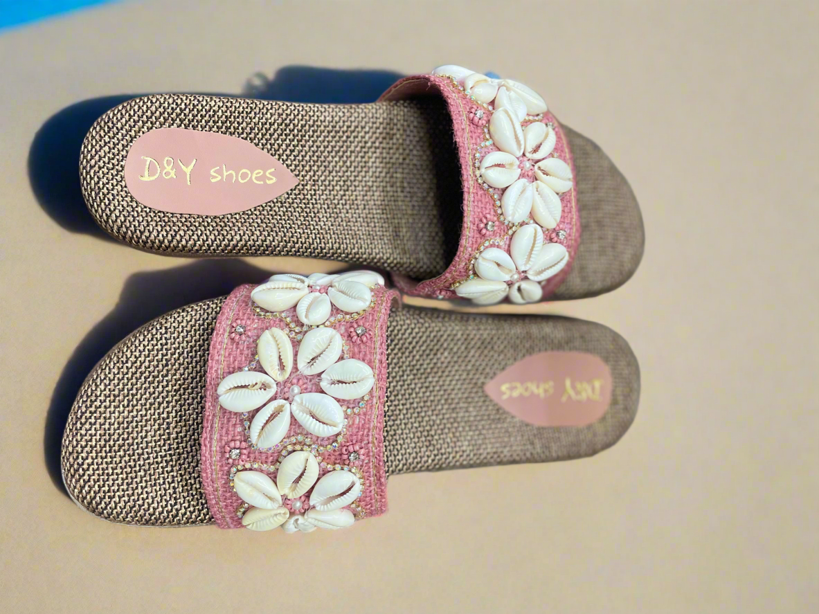 Beach Chic Pink Shell Embellished Slip-On Sandals