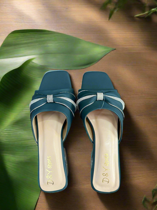 Modern Teal Rhinestone Strap Block Heel