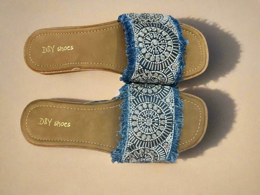 Trendy Blue Denim Embroidery Flats