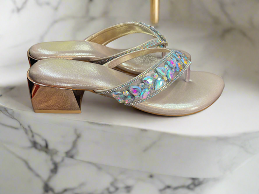 Iridescent Stone Embellished Golden Block Heel Sandals