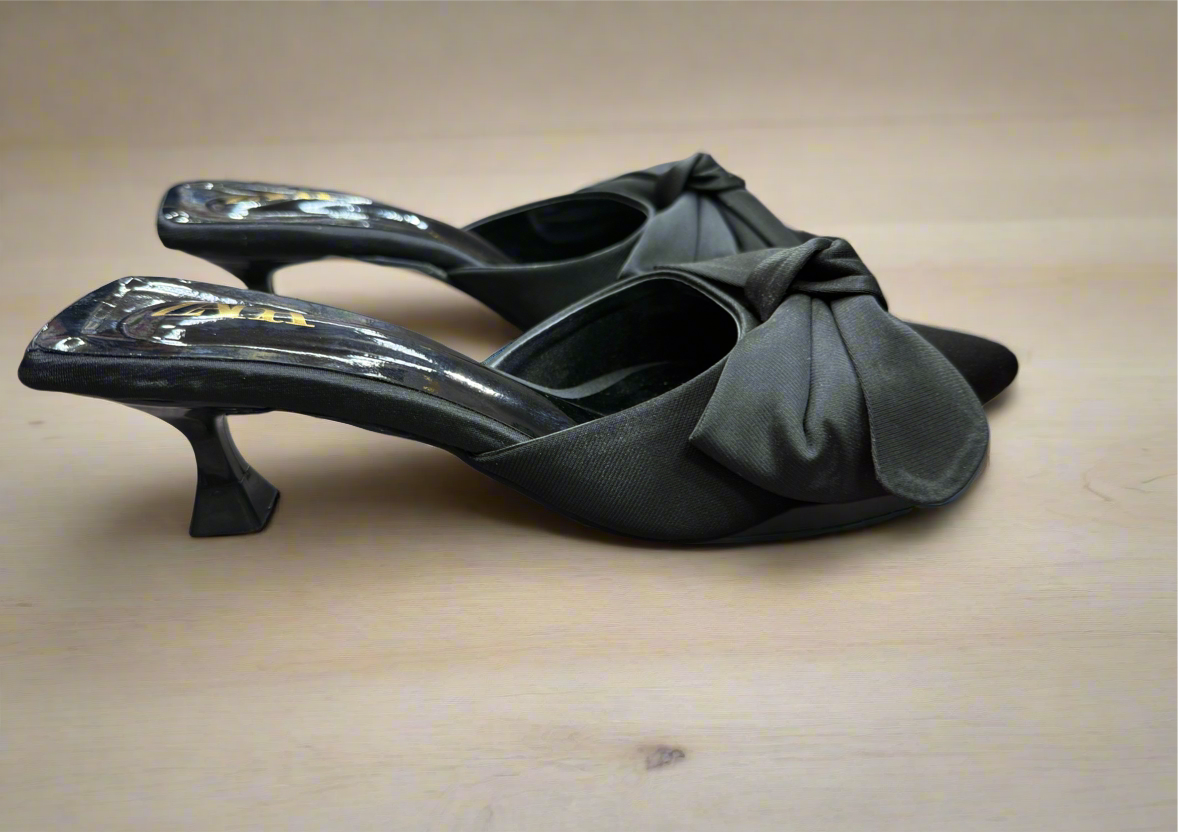 Black Satin Bow Pointed Toe Heels