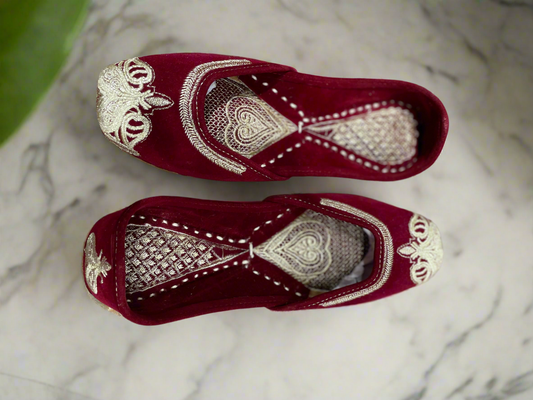 Designer Maroon Embroidered Mojari with Velvet Finish