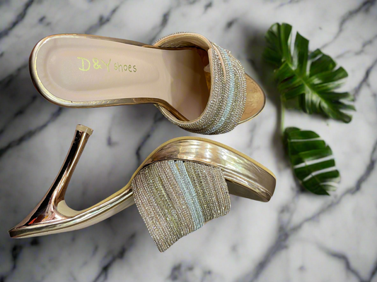 Golden Rhinestone Slip-On Heels