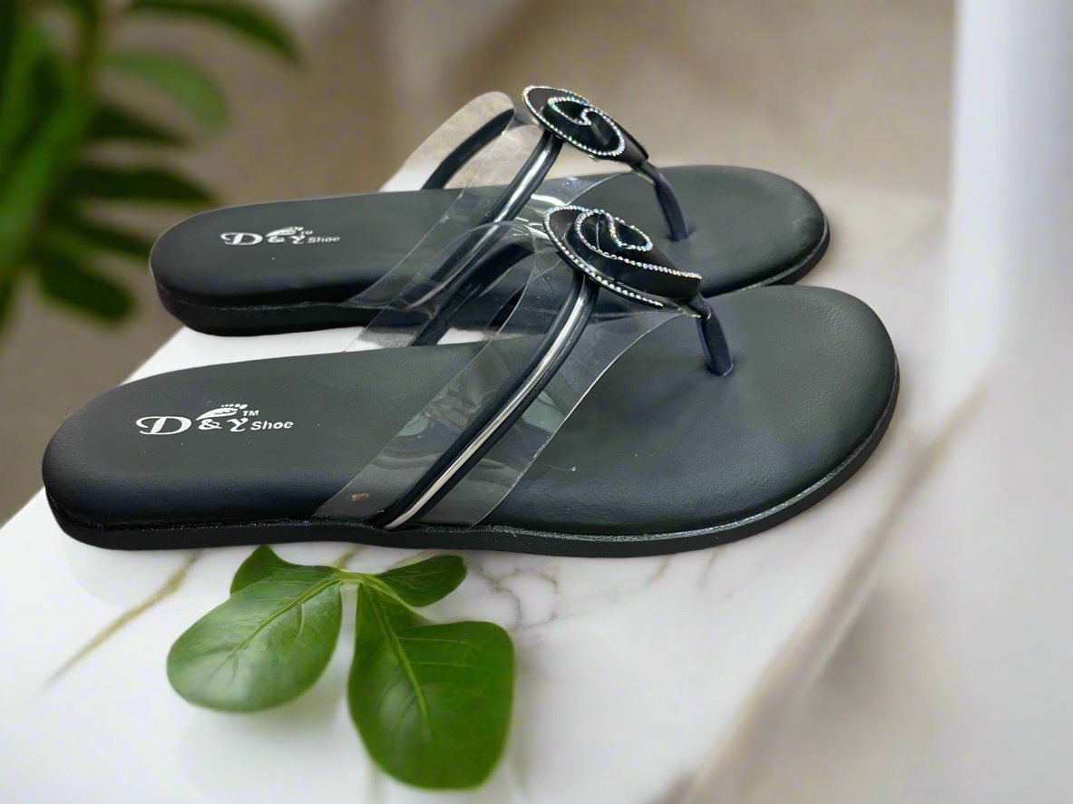 Elegant Black Crystal Rose Slip-On Sandals
